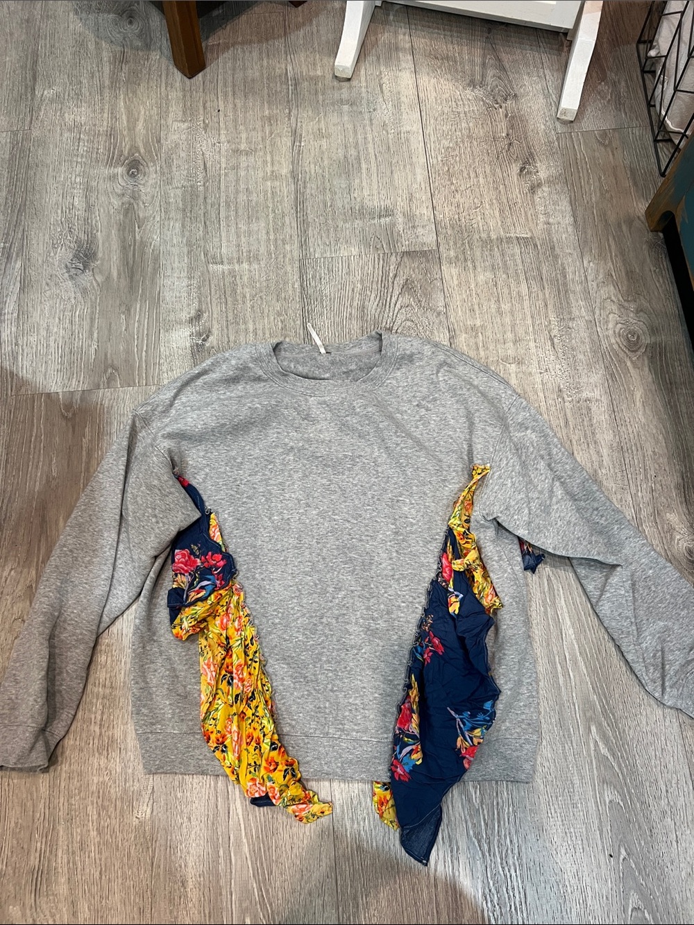 Free People Gray Crewneck Sweatshirt with Yellow & Navy Floral Ruffle Insets S